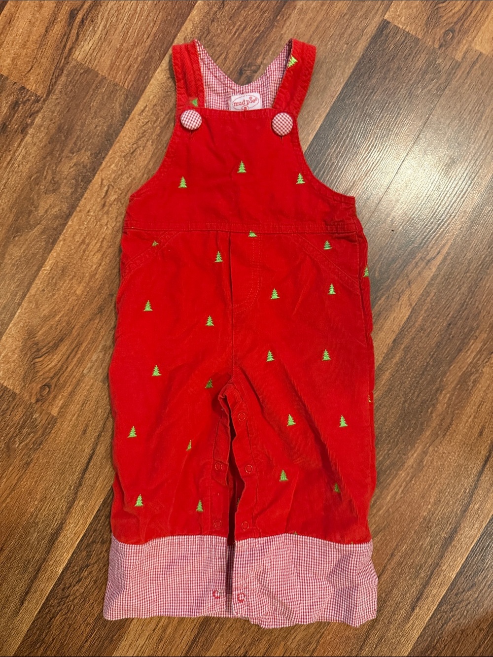 Mud Pie Red Corduroy Overalls with Christmas Tree Embroidery